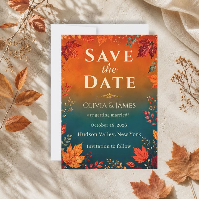 Rustic Fall Autumn Teal and Orange Leaves Save the Date (Creator Uploaded)