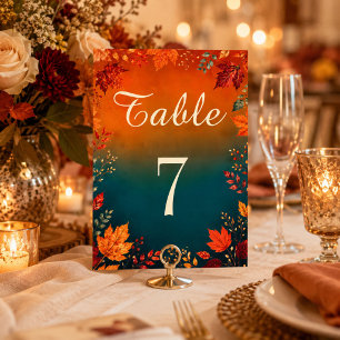 Rustic Fall Autumn Teal and Orange Leaves Table Number