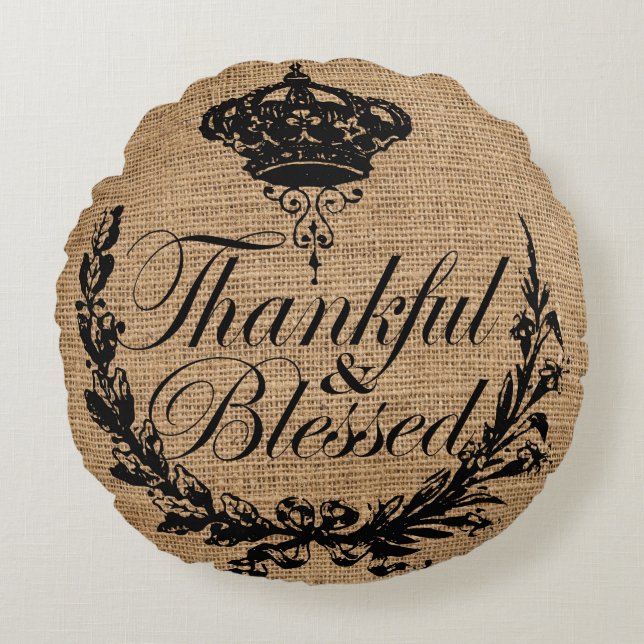 rustic fall autumn thanksgiving thankful blessed round cushion (Front)