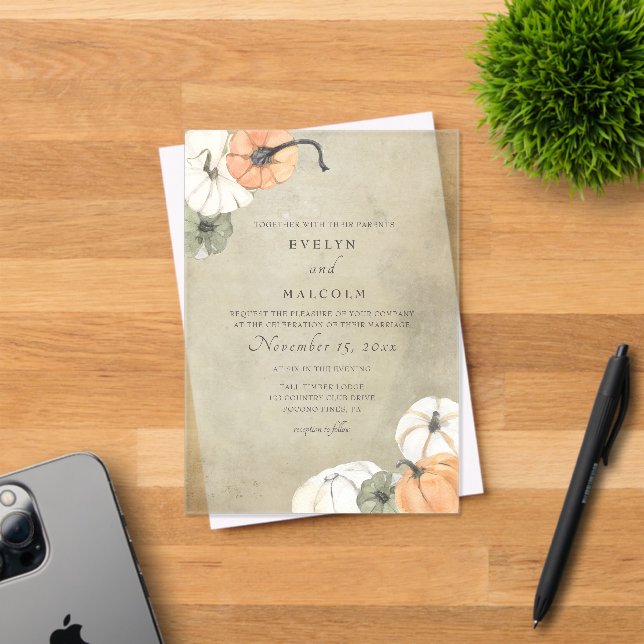 Rustic Fall Autumn White, Orange Pumpkins Wedding Acrylic Invitations (Insitu (Invitation Card))