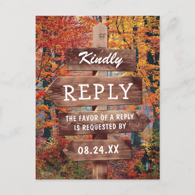 Rustic Fall Autumn Woodland Wedding RSVP Invitation Postcard (Front)
