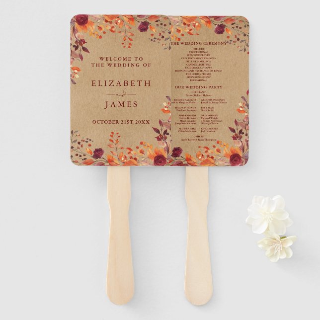 Rustic Fall Autumnal Floral Wedding Program Hand Fan (Front and Back)