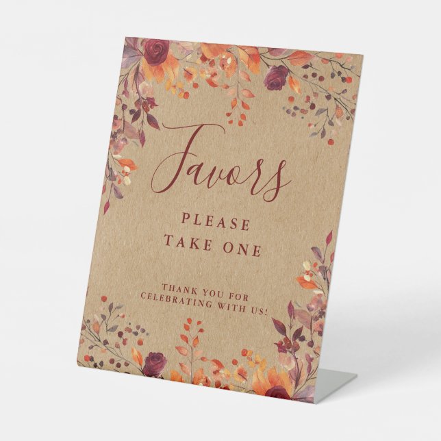 Rustic Fall Autumnal Leaves Floral Wedding Favours Pedestal Sign (Front)
