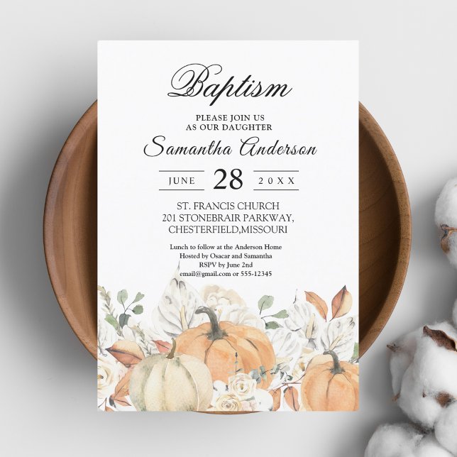 Rustic Fall Baptism | Watercolor Pumpkin Invitation (Creator Uploaded)