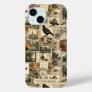 Rustic Fall Birds Pumpkins Antique Postage iPhone 15 Case