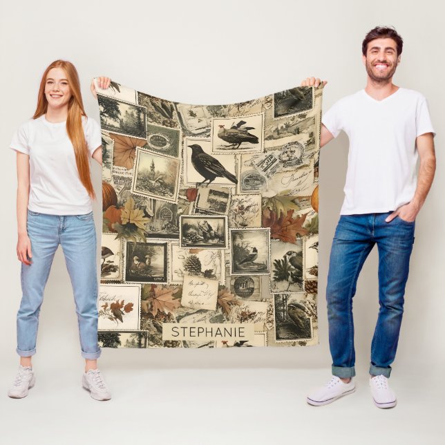 Rustic Fall Birds Pumpkins Antique Postage Fleece Blanket (In Situ)