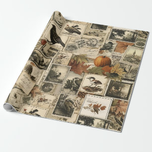 Rustic Fall Birds Pumpkins Antique Postage Wrapping Paper