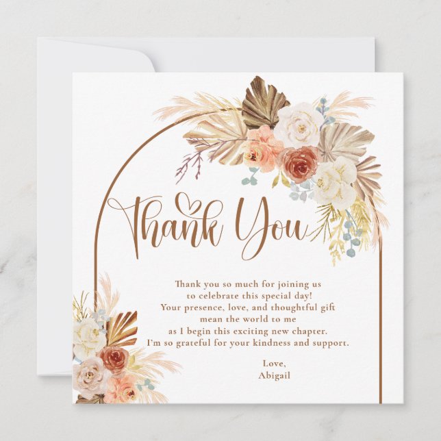 Rustic Fall Boho Arch Pampas Grass Bridal Shower Thank You Card (Front)