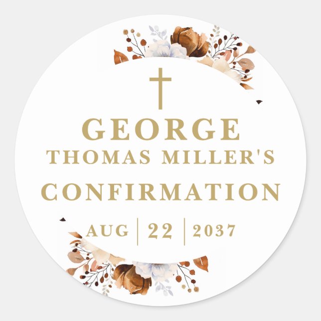 Rustic Fall Boho Botanical Modern Confirmation Classic Round Sticker (Front)