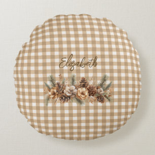 Rustic Fall Botanical Brown Gingham Personalized  Round Cushion