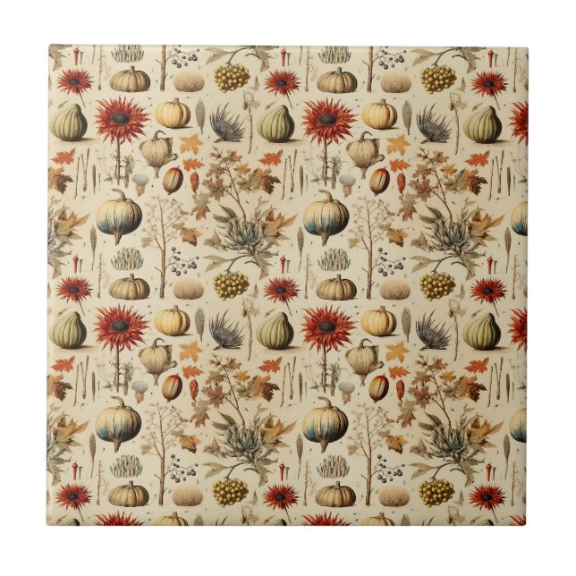 Rustic Fall Botanical with Gourds & Grains Ceramic Tile (Front)