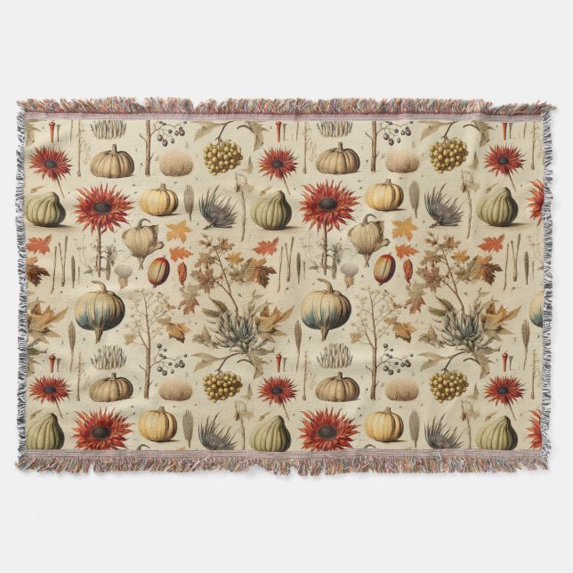 Rustic Fall Botanical with Gourds & Grains Throw Blanket (Front)