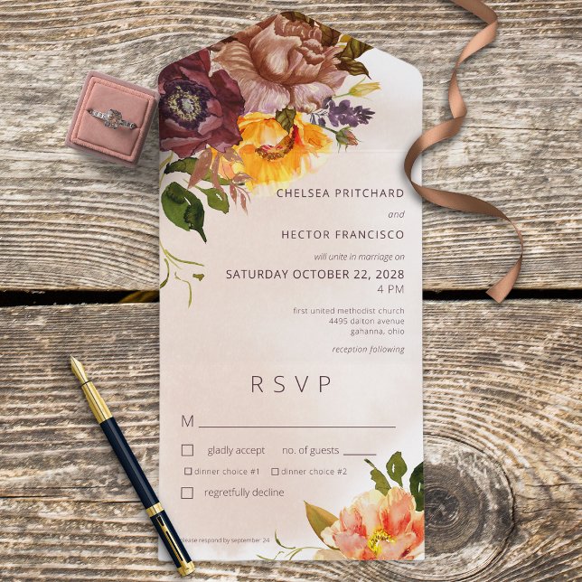 Rustic Fall Burgundy & Yellow Floral Tan Dinner All In One Invitation (Creator Uploaded)