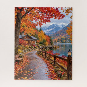 Rustic Fall Cabin Retreat in Colorful Autumn Woods Jigsaw Puzzle