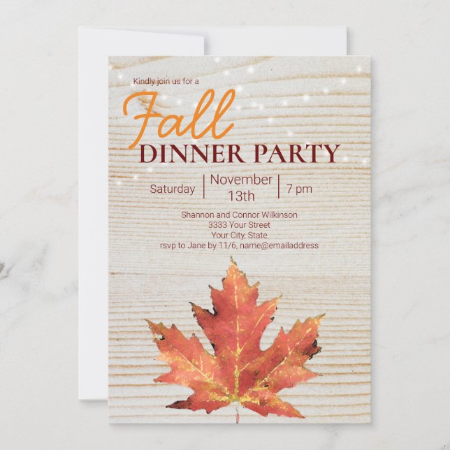 Rustic Fall Dinner Party String Lights Wood Invitation (Front)