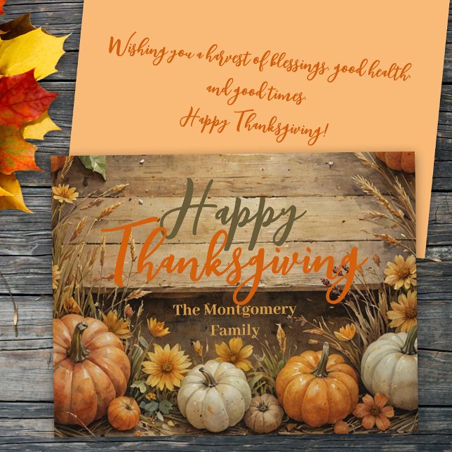 Rustic Fall Elegant Pumpkins Flowers Thanksgiving Holiday Card (Creator Uploaded)