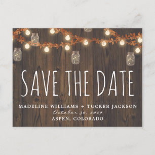 Rustic Fall Fairy Lights and Leaves Save the Date  Announcement Postcard