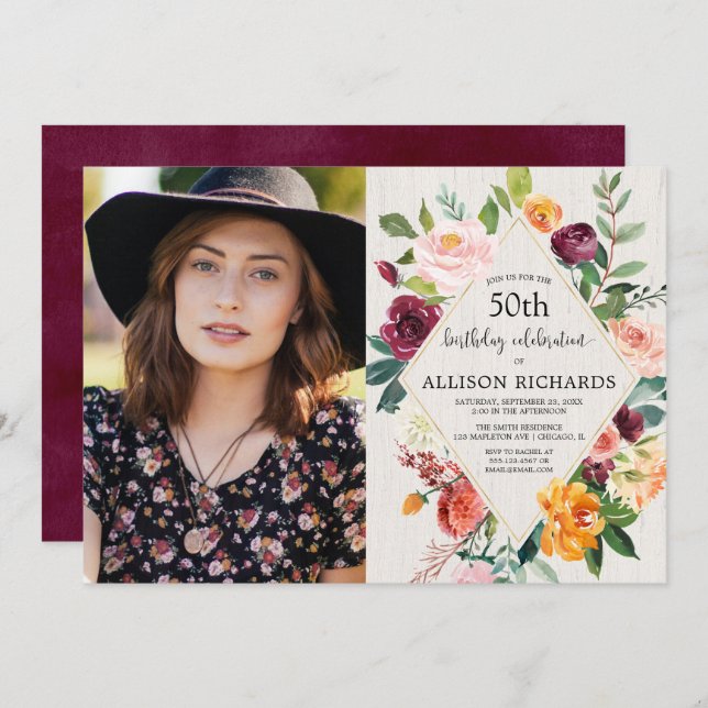 Rustic fall floral adult birthday photo invitation (Front/Back)