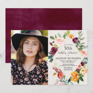 Rustic fall floral adult birthday photo invitation