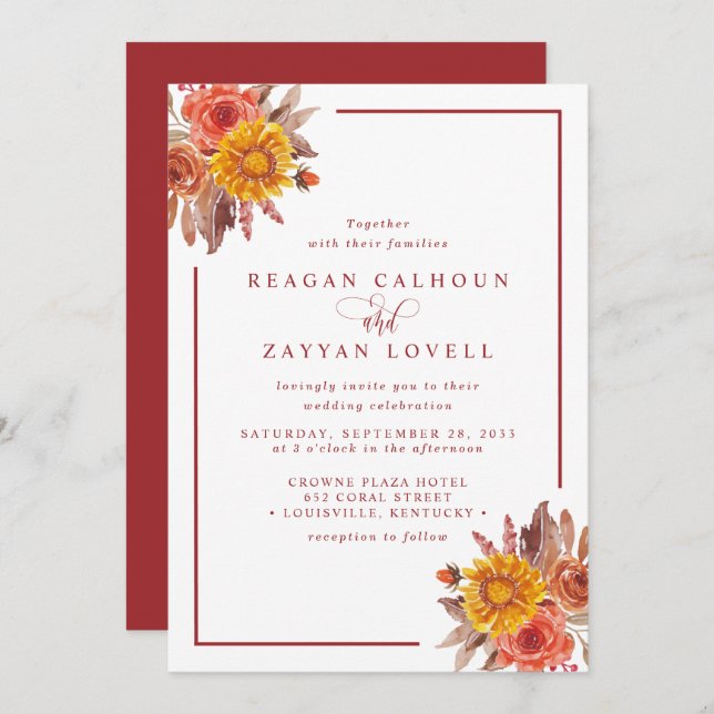 Rustic Fall Floral Autumn Wedding Invitation (Front/Back)
