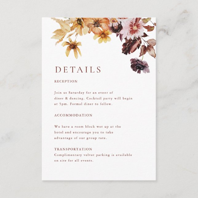 Rustic Fall Floral Boho Wedding Enclosure Card (Front)