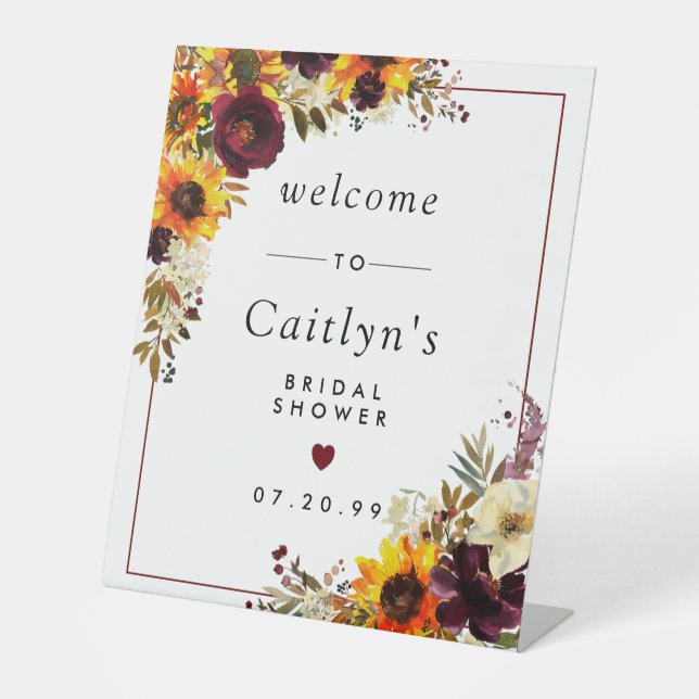 Rustic Fall Floral Bridal Shower Welcome Pedestal Sign (Front)