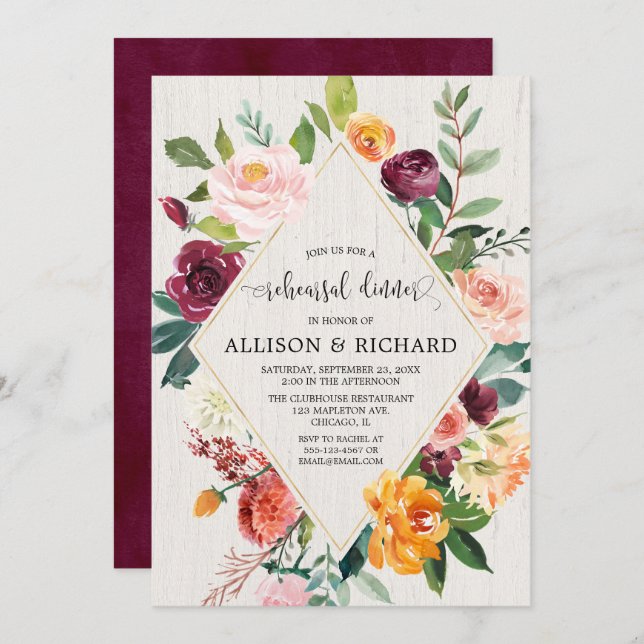 Rustic fall floral burgundy rehearsal dinner invitation (Front/Back)