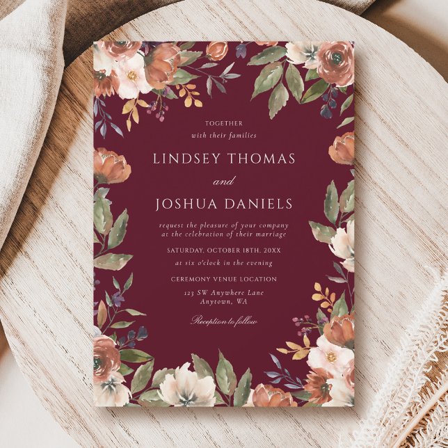 Rustic Fall Floral Burgundy Wedding Invitation (Creator Uploaded)