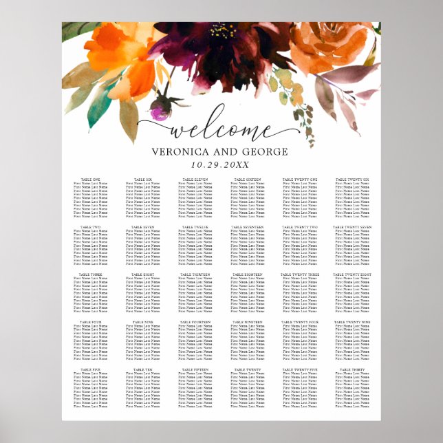 Rustic Fall Floral Elegant Wedding Seating Chart (Front)