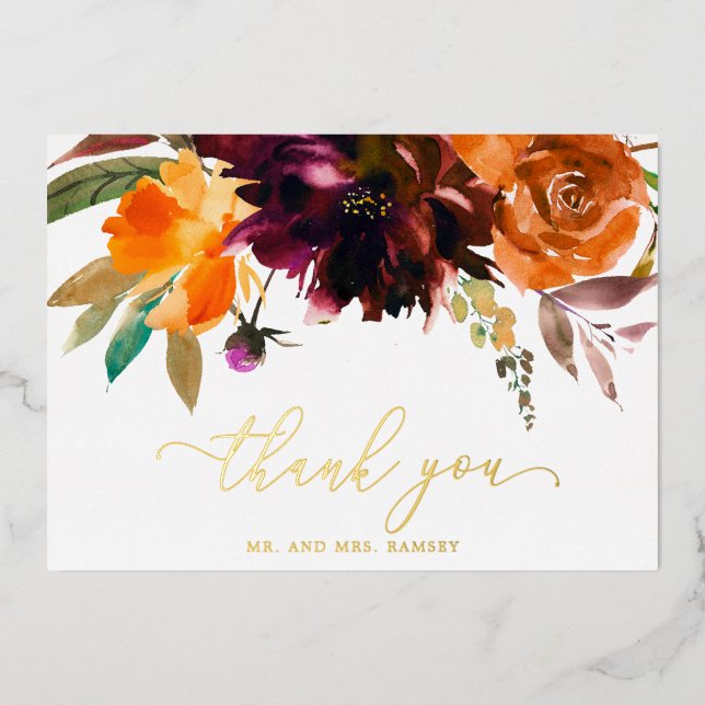 Rustic Fall Floral Elegant Wedding Thank You Card (Front)