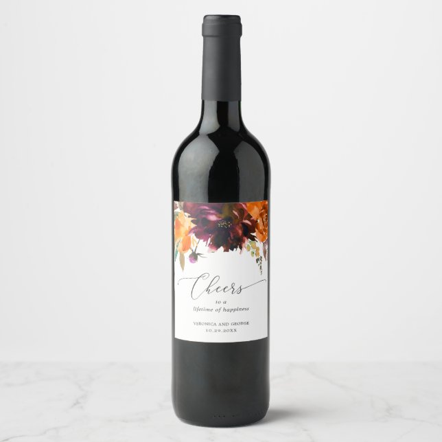 Rustic Fall Floral Elegant Wedding Wine Label (Front)