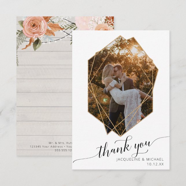 Rustic Fall Floral Foliage Geometric Gold Photo Th Thank You Card (Front/Back)