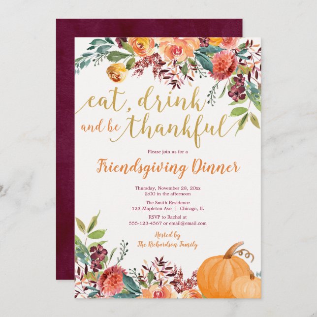 Rustic fall floral Friendsgiving Dinner Invitation (Front/Back)