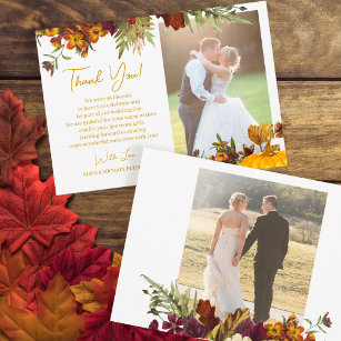 Rustic fall floral gold script photo wedding thank you card