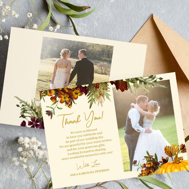 Rustic fall floral gold script photo wedding thank you card (Creator Uploaded)