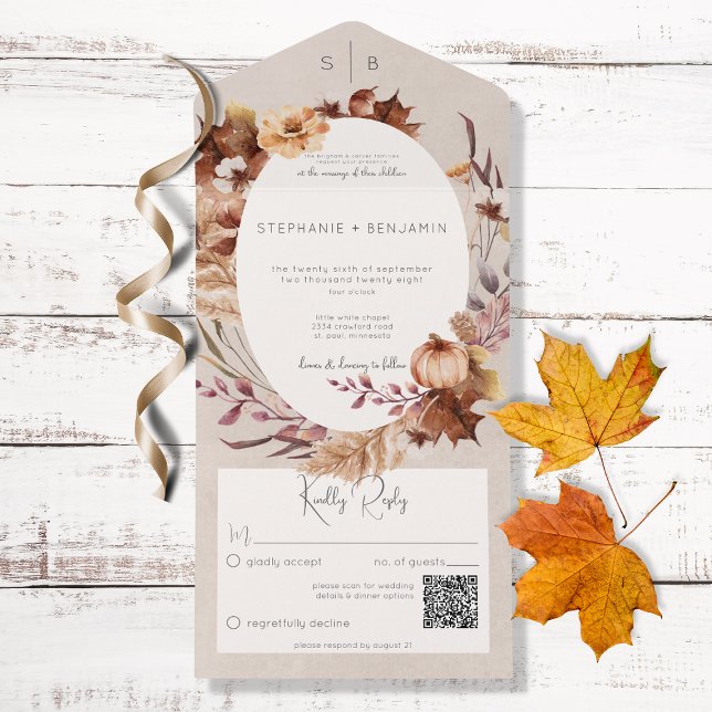 Rustic Fall Floral & Leaves QR Code All In One Invitation (Creator Uploaded)