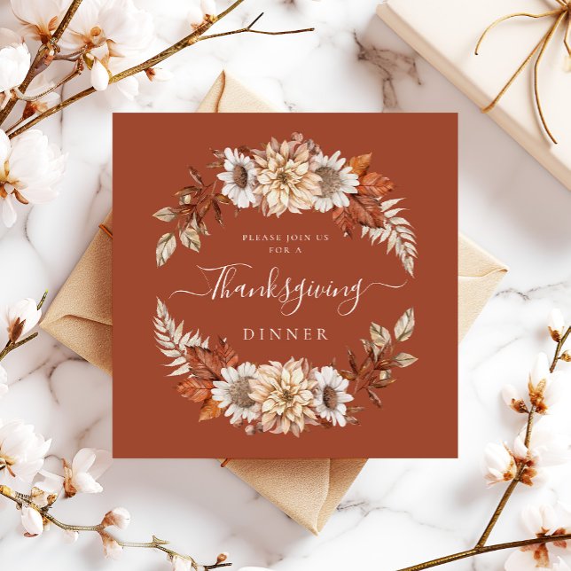 Rustic Fall Floral Leaves Thanksgiving Dinner  Invitation (Rustic Fall Floral Leaves Thanksgiving Dinner Invitation)