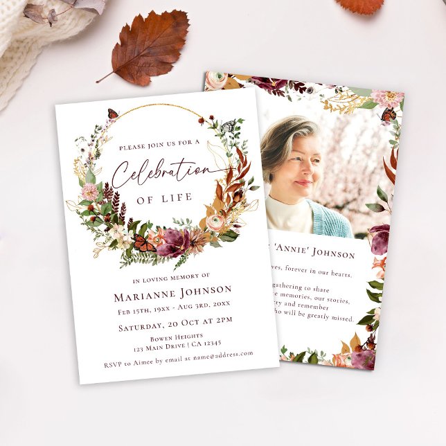Rustic Fall Floral Memorial Celebration of Life Invitation (Creator Uploaded)