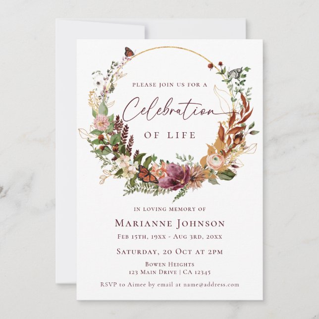 Rustic Fall Floral Memorial Celebration of Life Invitation (Front)