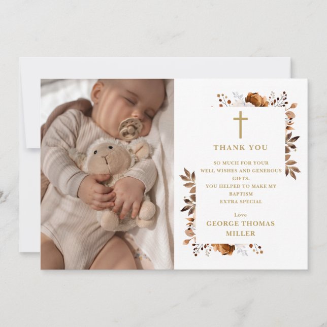 Rustic Fall Floral Photo Baptism Christening Thank You Card (Front)