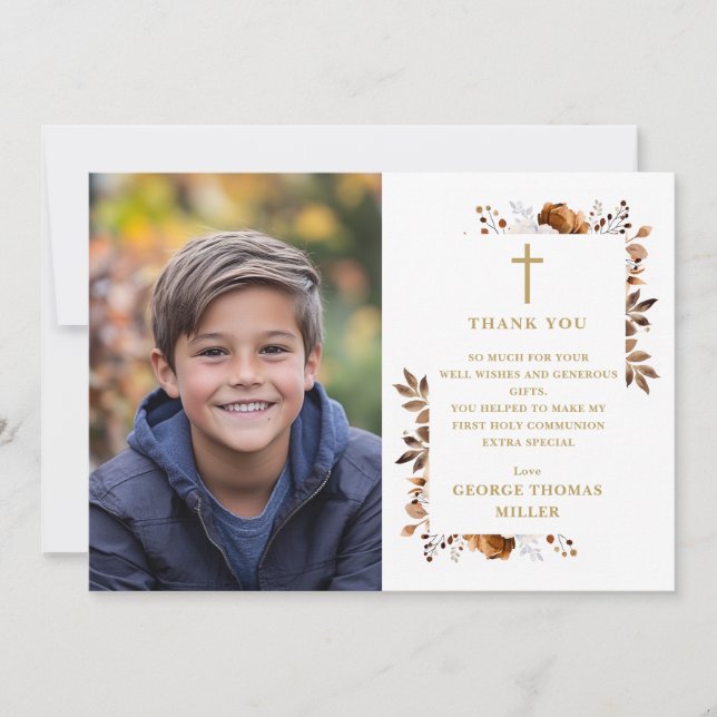 Rustic Fall Floral Photo First Holy Communion Thank You Card (Front)