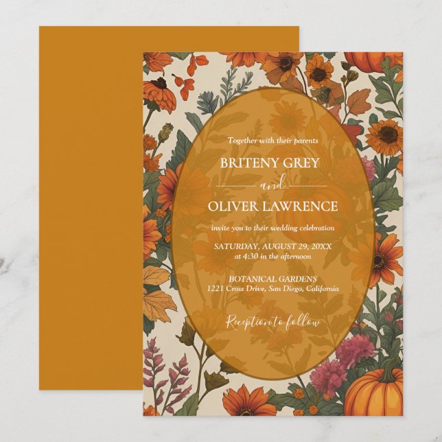 Rustic Fall Floral Pumpkin–Autumn Harvest Weeding Invitation (Front/Back)