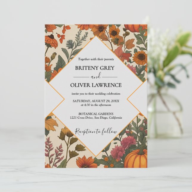 Rustic Fall Floral Pumpkin–Autumn Harvest Weeding Invitation (Standing Front)