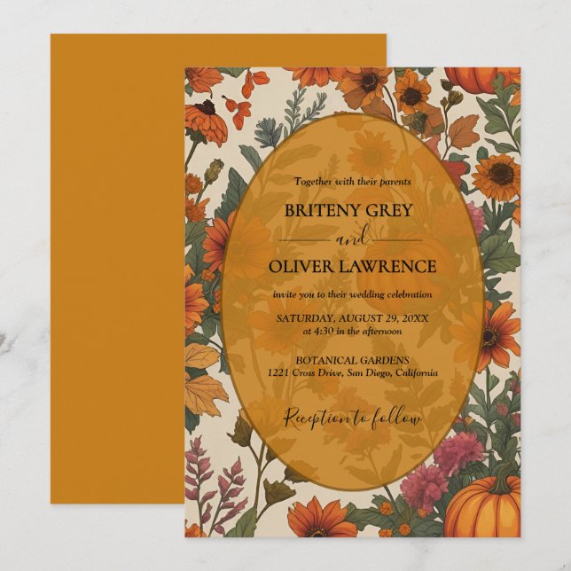Rustic Fall Floral Pumpkin–Autumn Harvest Weeding Invitation (Front/Back)