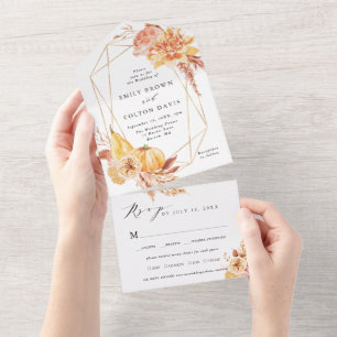 Rustic Fall Floral Pumpkin Gold Geometric Wedding All In One Invitation