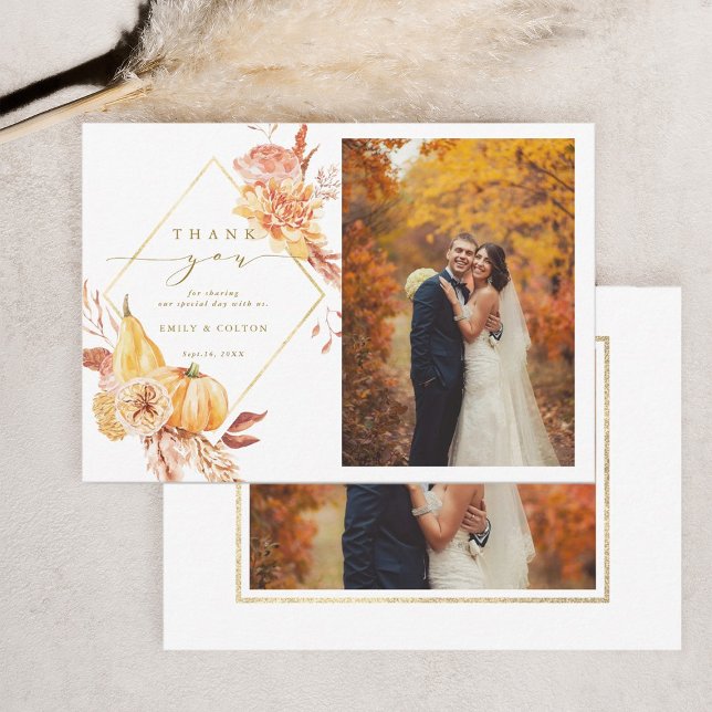 Rustic Fall Floral Pumpkin Wedding 2 Photo Gold Thank You Card (Front & Back)