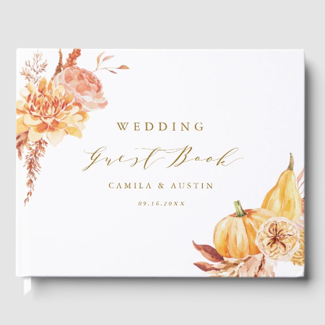 Rustic Fall Floral Pumpkin Wedding Gold Script Guest Book (Front)