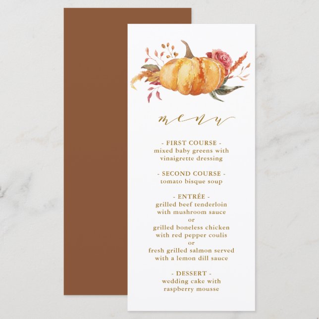 Rustic Fall Floral Pumpkin Wedding Gold Script Menu (Front/Back)