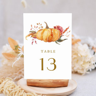 Rustic Fall Floral Pumpkin Wedding Gold Script  Table Number