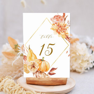 Rustic Fall Floral Pumpkin Wedding Gold Script Table Number